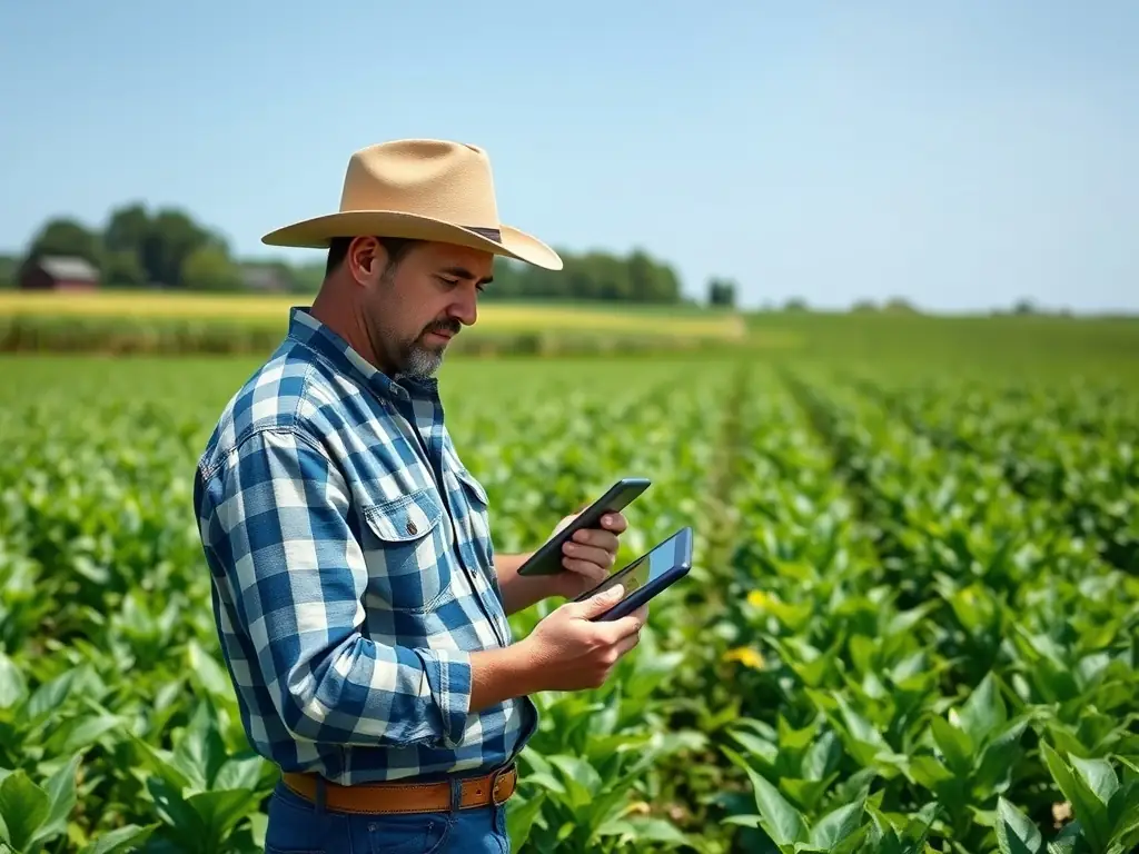 A farmer using a tablet in a field, analyzing data provided by NeoBi Agriculture's platform to optimize irrigation and fertilization strategies.